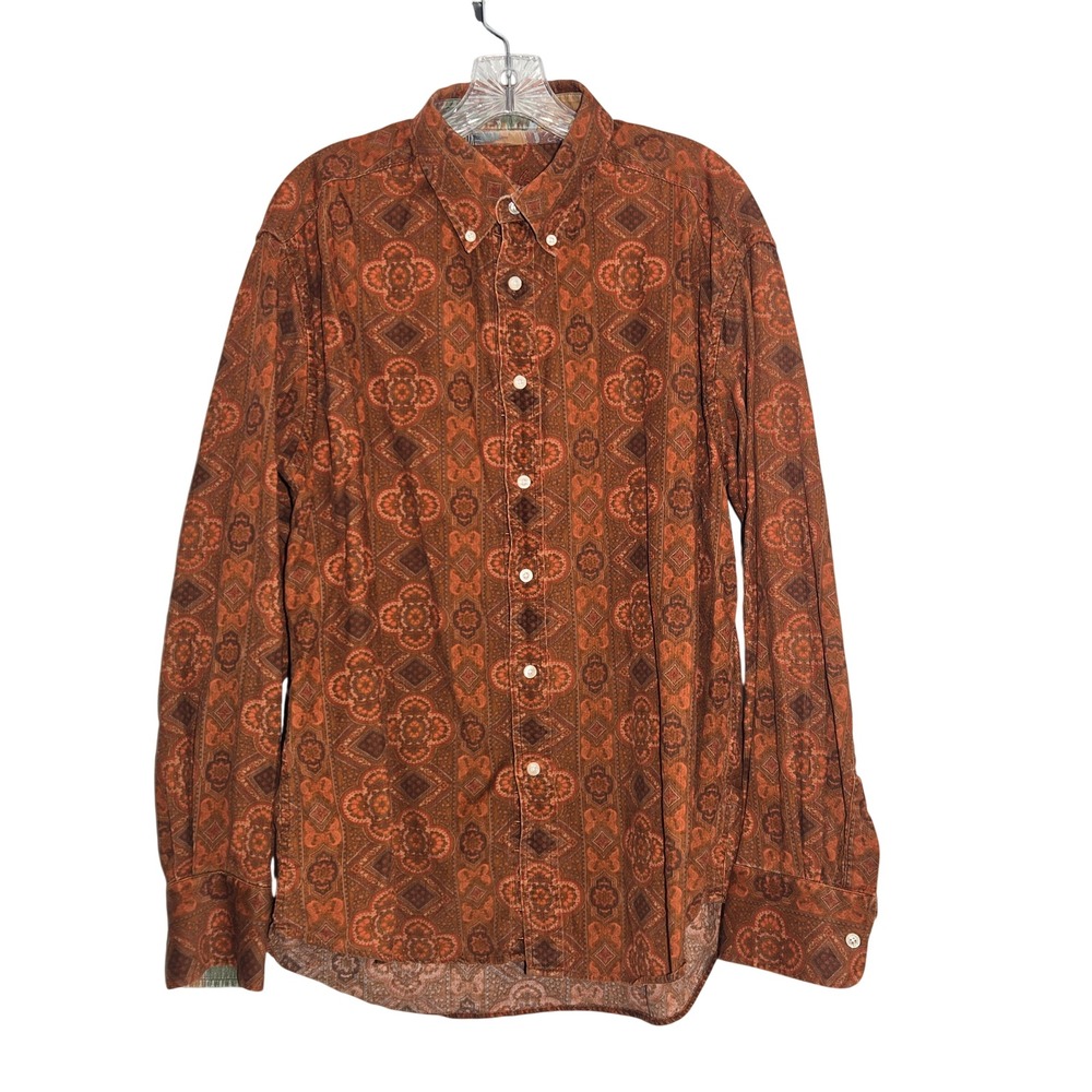 Robert Graham L Mens Burnt Orange Geometric Medallion Corduroy Button Down Shirt